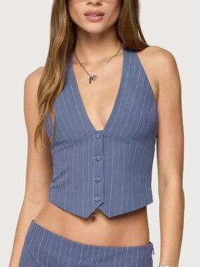 Light Blue Pinstripe Halter Vest Top Deep V Size Small